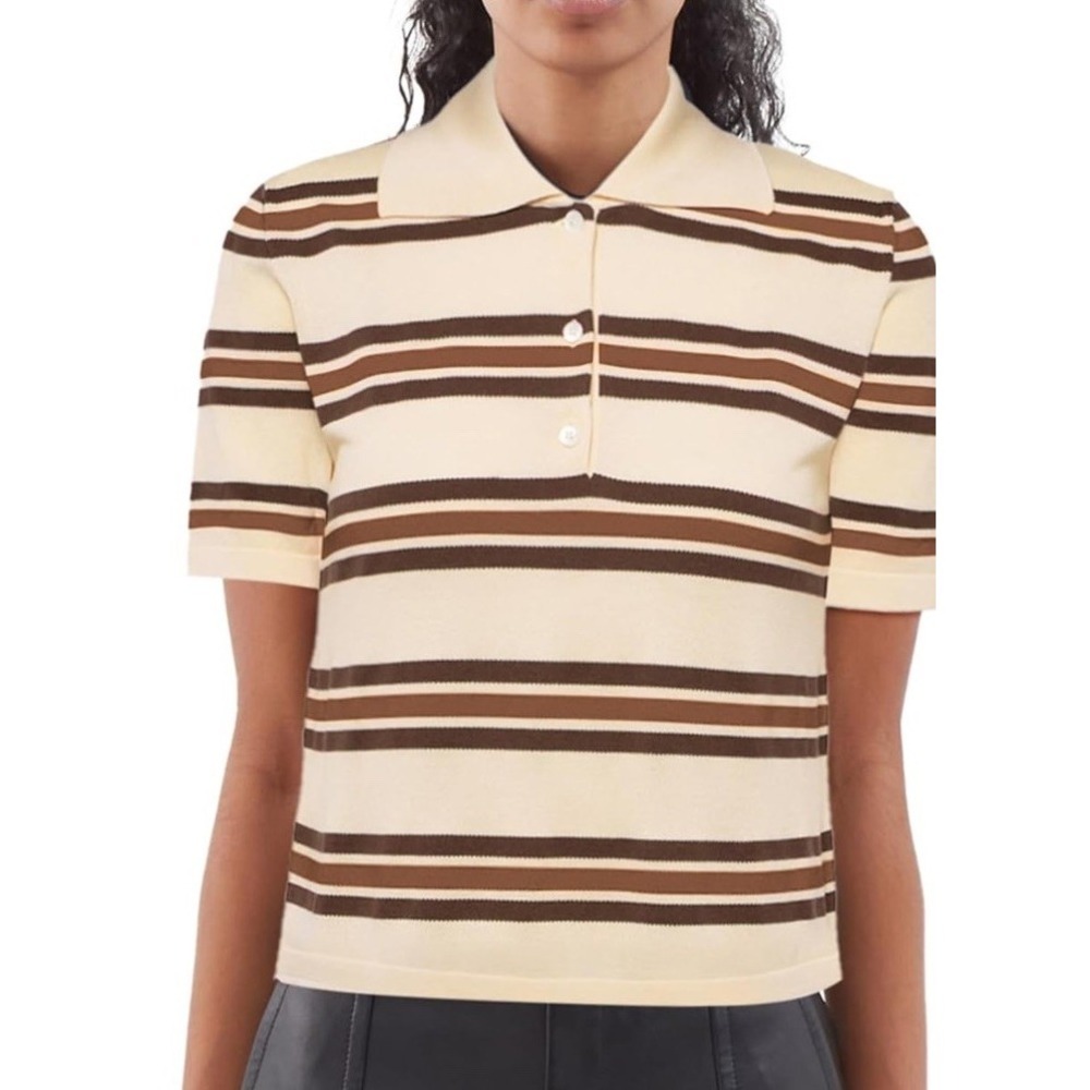 Women's Large Polo Shirt Striped Brown Apricot Ivory Short Sleeve Pullover Golf